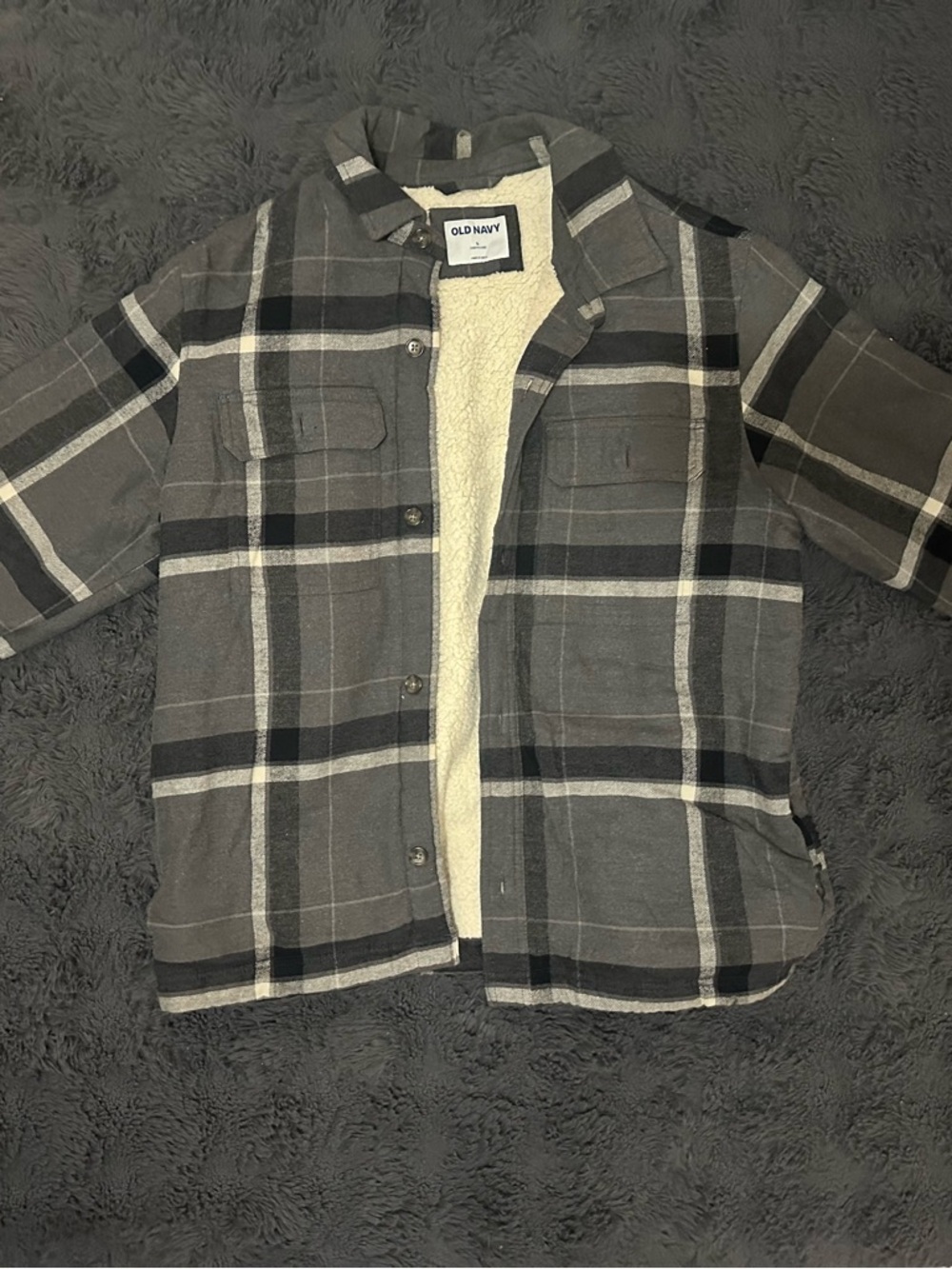 Old Navy Black Gray Cream Plaid Sherpa-Lined Shacket